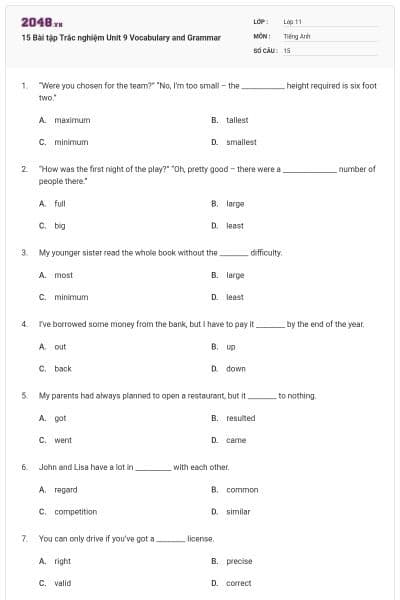 15 Bài tập Trắc nghiệm Unit 9 Vocabulary and Grammar