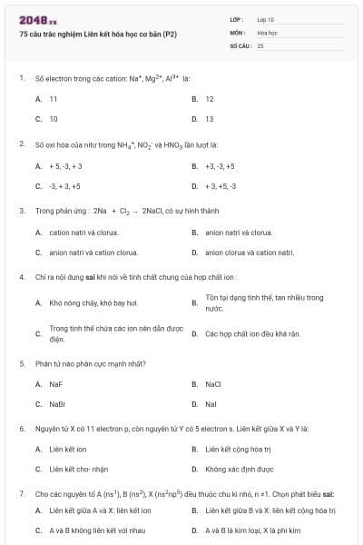 75 câu trắc nghiệm Liên kết hóa học cơ bản (P2)
