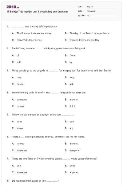 15 Bài tập Trắc nghiệm Unit 8 Vocabulary and Grammar