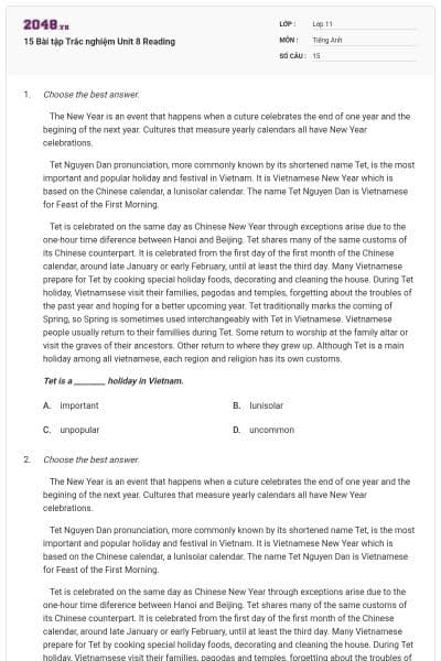 15 Bài tập Trắc nghiệm Unit 8 Reading