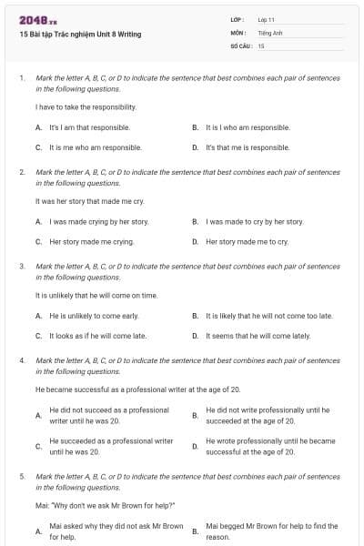 15 Bài tập Trắc nghiệm Unit 8 Writing