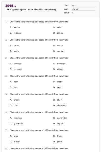 15 Bài tập Trắc nghiệm Unit 10 Phonetics and Speaking