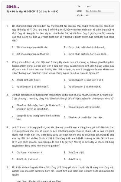 Bộ 4 Đề thi Học kì 2 GDCD 12 (có đáp án - Đề 4)