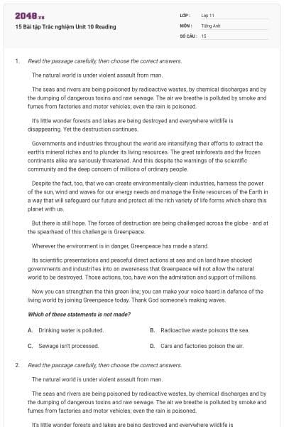 15 Bài tập Trắc nghiệm Unit 10 Reading