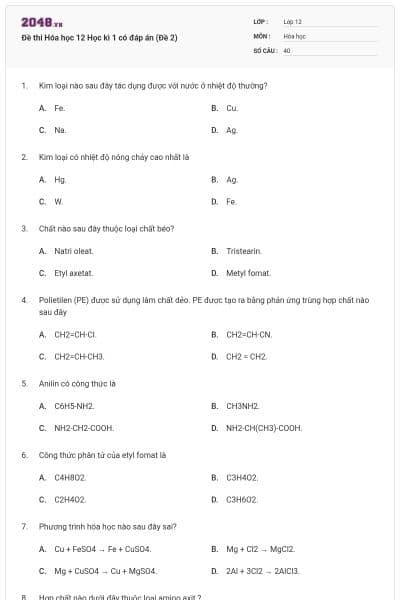 Đề thi Hóa học 12 Học kì 1 có đáp án (Đề 2)