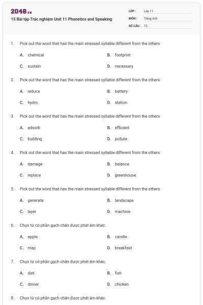 15 Bài tập Trắc nghiệm Unit 11 Phonetics and Speaking