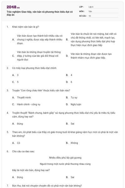 Trắc nghiệm Giao tiếp, văn bản và phương thức biểu đạt có đáp án