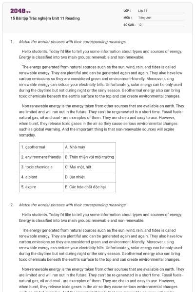 15 Bài tập Trắc nghiệm Unit 11 Reading