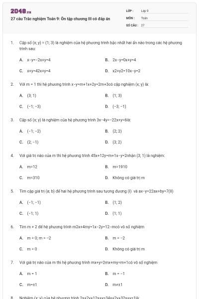 27 câu Trắc nghiệm Toán 9: Ôn tập chương III có đáp án