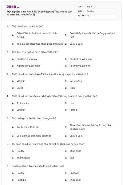 Trắc nghiệm Sinh Học 8 Bài 24:(có đáp án) Tiêu hóa và các cơ quan tiêu hóa (Phần 2)