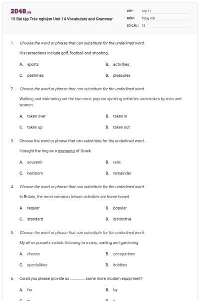 15 Bài tập Trắc nghiệm Unit 14 Vocabulary and Grammar