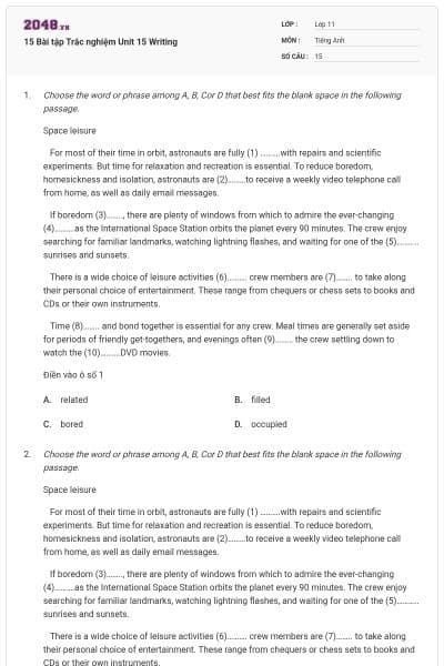 15 Bài tập Trắc nghiệm Unit 15 Writing