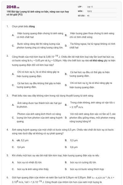 190 Bài tập Lượng tử ánh sáng cơ bản, nâng cao cực hay có lời giải (P2)