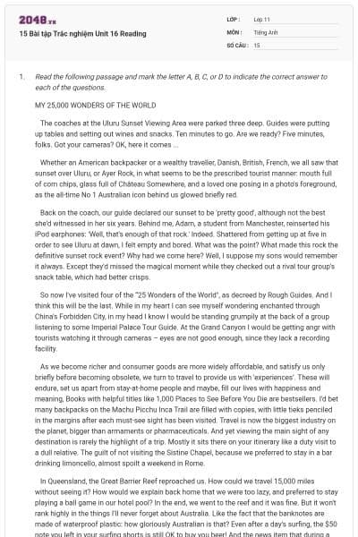 15 Bài tập Trắc nghiệm Unit 16 Reading