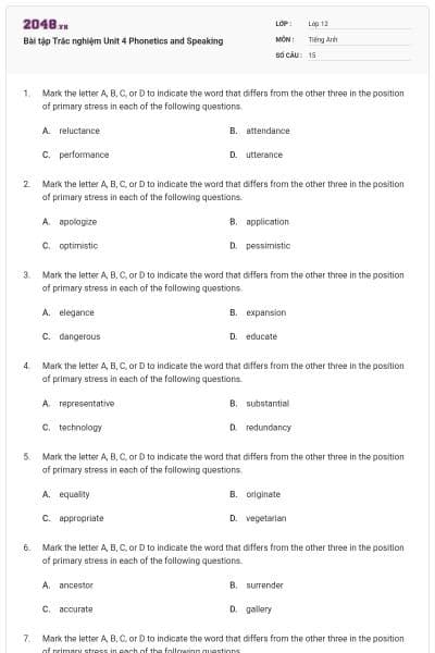Bài tập Trắc nghiệm Unit 4 Phonetics and Speaking
