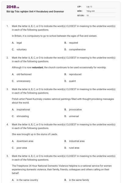 Bài tập Trắc nghiệm Unit 4 Vocabulary and Grammar