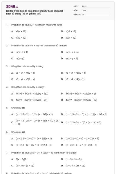 Bài tập Phân tích đa thức thành nhân tử bằng cách đặt nhân tử chung (có lời giải chi tiết)
