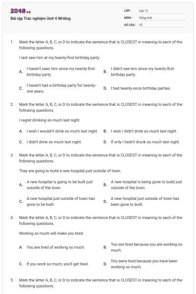 Bài tập Trắc nghiệm Unit 4 Writing