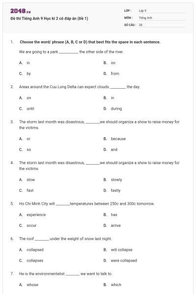 Đề thi Tiếng Anh 9 Học kì 2 có đáp án (Đề 1)