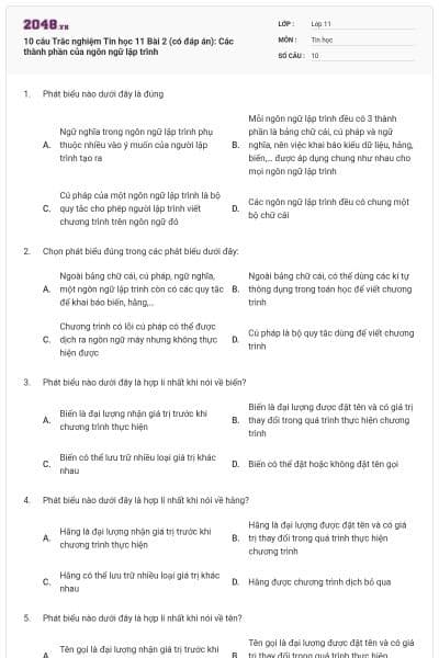 10 câu  Trắc nghiệm Tin học 11 Bài 2 (có đáp án): Các thành phần của ngôn ngữ lập trình