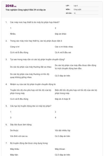 Trắc nghiệm Công nghệ 8 Bài 29 có đáp án