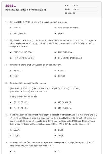 Đề thi Hóa học 12 Học kì 1 có đáp án (Đề 4)