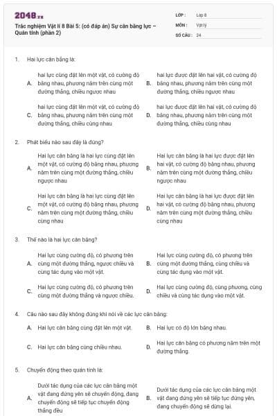 Trắc nghiệm Vật lí 8 Bài 5: (có đáp án) Sự cân bằng lực – Quán tính (phần 2)