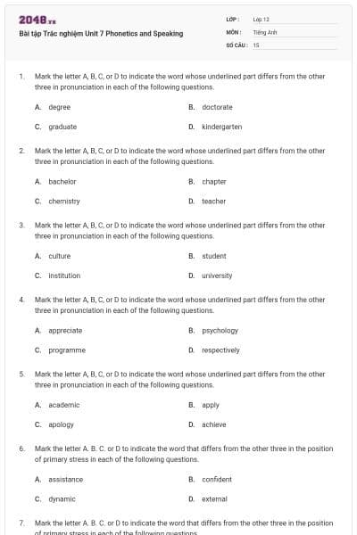 Bài tập Trắc nghiệm Unit 7 Phonetics and Speaking