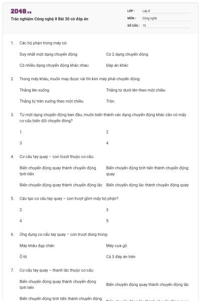 Trắc nghiệm Công nghệ 8 Bài 30 có đáp án