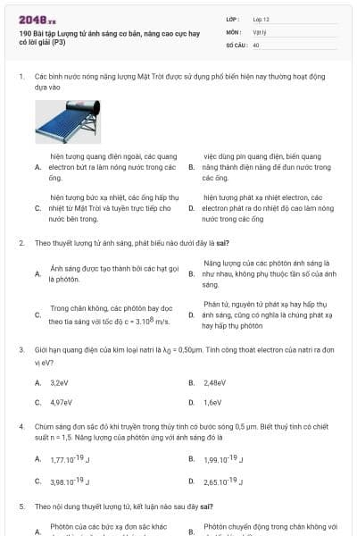 190 Bài tập Lượng tử ánh sáng cơ bản, nâng cao cực hay có lời giải (P3)