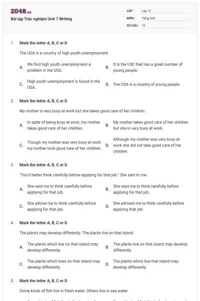 Bài tập Trắc nghiệm Unit 7 Writing