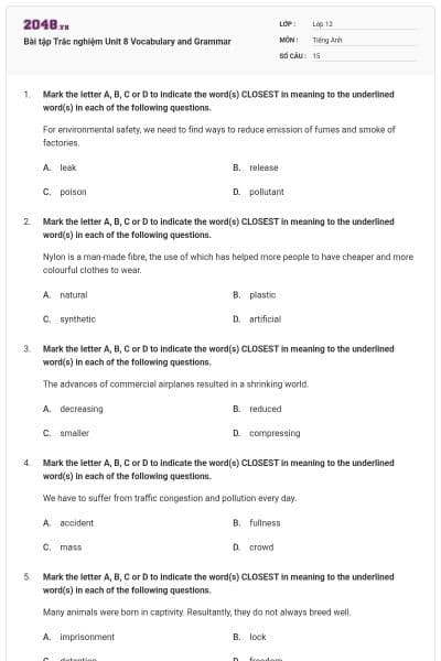 Bài tập Trắc nghiệm Unit 8 Vocabulary and Grammar