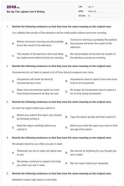 Bài tập Trắc nghiệm Unit 8 Writing