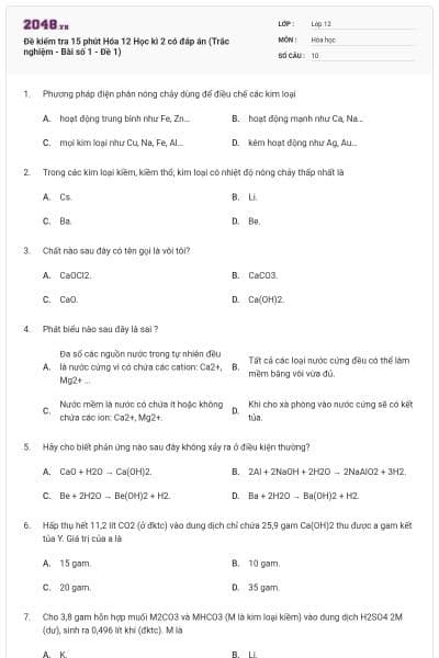 Đề kiểm tra 15 phút Hóa 12 Học kì 2 có đáp án (Trắc nghiệm - Bài số 1 - Đề 1)