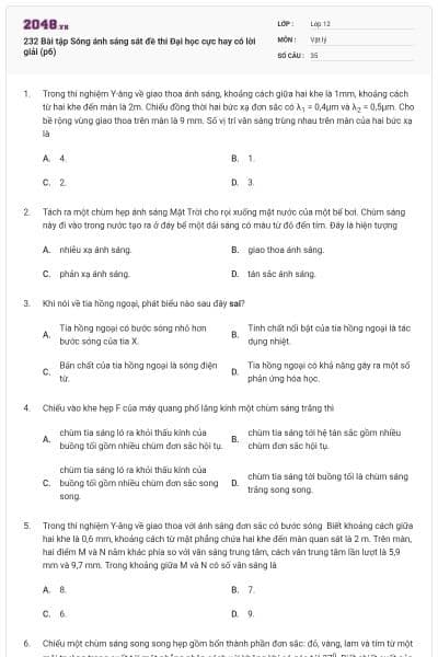 232 Bài tập Sóng ánh sáng sát đề thi Đại học cực hay có lời giải (p6)