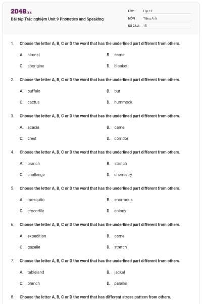 Bài tập Trắc nghiệm Unit 9 Phonetics and Speaking