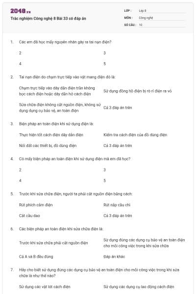 Trắc nghiệm Công nghệ 8 Bài 33 có đáp án