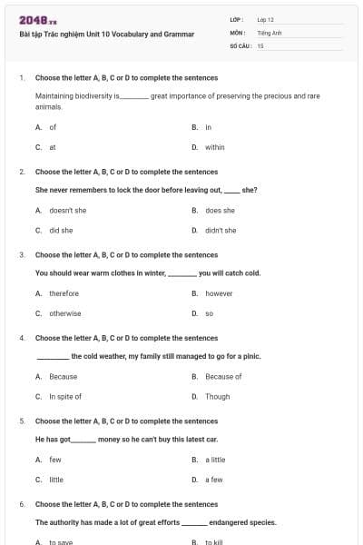 Bài tập Trắc nghiệm Unit 10 Vocabulary and Grammar