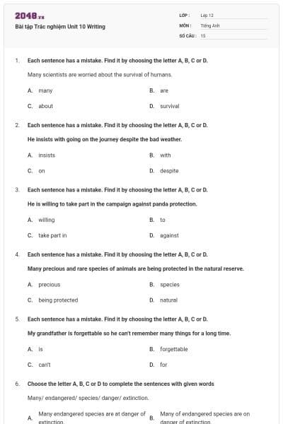 Bài tập Trắc nghiệm Unit 10 Writing
