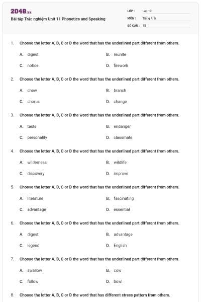 Bài tập Trắc nghiệm Unit 11 Phonetics and Speaking