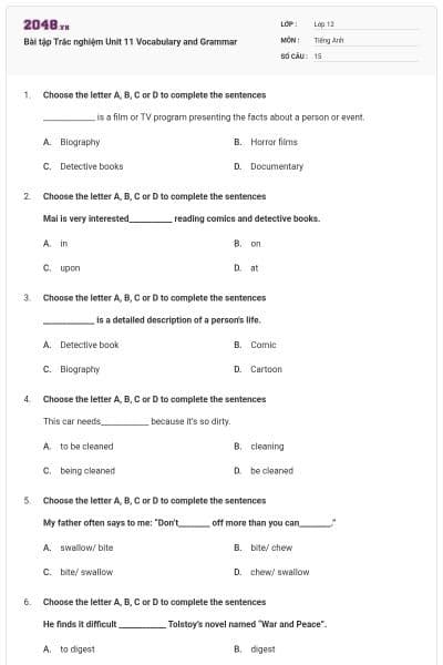Bài tập Trắc nghiệm Unit 11 Vocabulary and Grammar