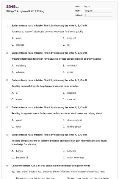 Bài tập Trắc nghiệm Unit 11 Writing
