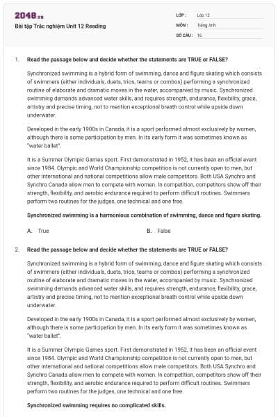 Bài tập Trắc nghiệm Unit 12 Reading