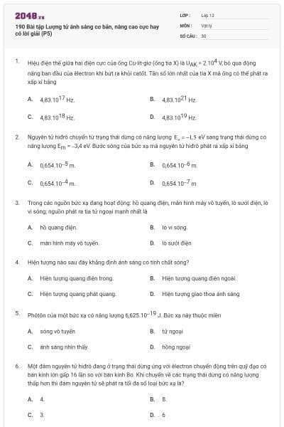 190 Bài tập Lượng tử ánh sáng cơ bản, nâng cao cực hay có lời giải (P5)