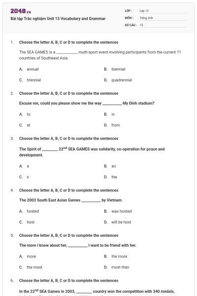 Bài tập Trắc nghiệm Unit 13 Vocabulary and Grammar