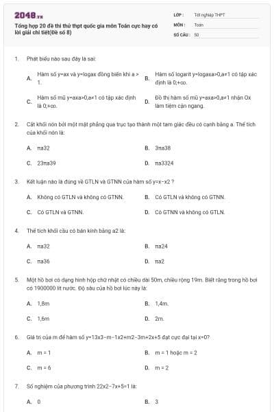 Tổng hợp 20 đề thi thử thpt quốc gia môn Toán cực hay có lời giải chi tiết(Đề số 8)