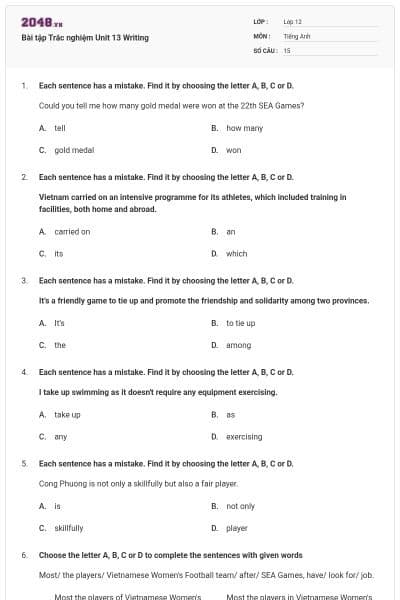Bài tập Trắc nghiệm Unit 13 Writing