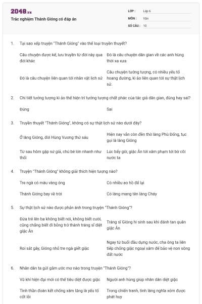 Trắc nghiệm Thánh Gióng có đáp án