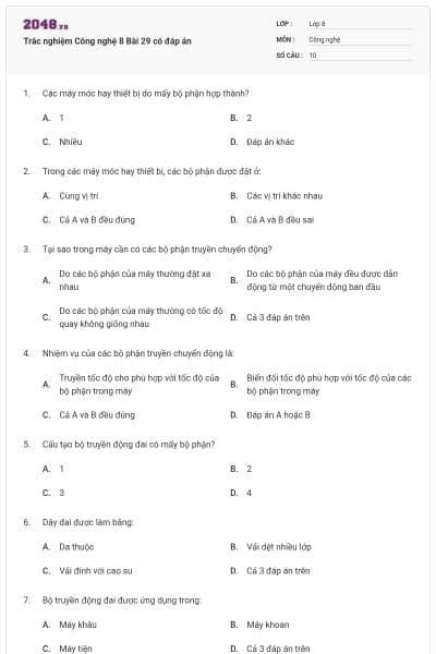 Trắc nghiệm Công nghệ 8 Bài 29 có đáp án