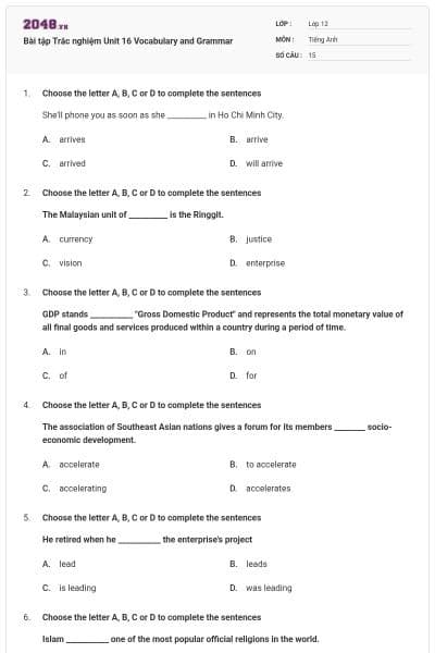 Bài tập Trắc nghiệm Unit 16 Vocabulary and Grammar